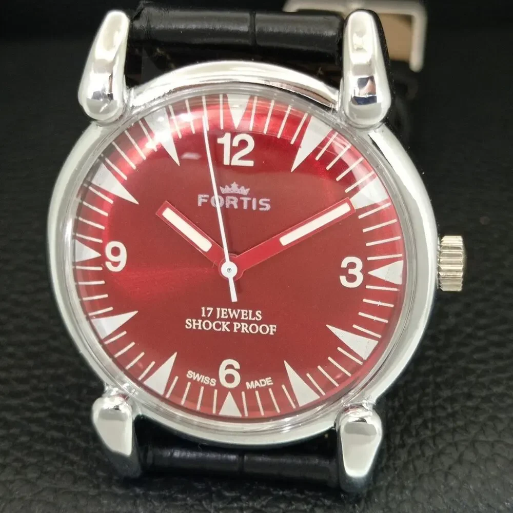 Vintage 1974 Fortis Manual Mens Silver Watch W/Leather Strap & Red accents
